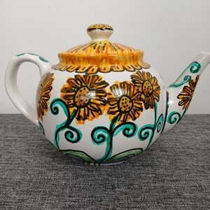 Sunflower Teapot Farmhouse Kitchen Decor Ceramic White Handpainted Floral Lid 8"